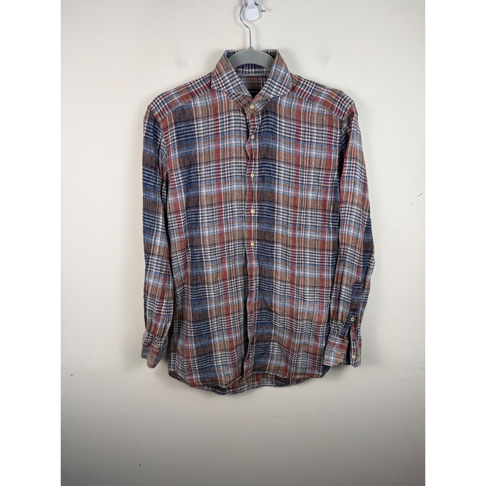 Suitsupply Mens 14.5 37‎ Linen Plaid Shirt Cotonificio Albini Blue Brown Red
